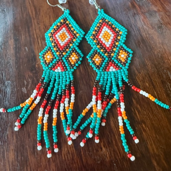 Boho Beaded Fringe Earrings – Turquoise Red Orange Southwest Diamond Pattern - Picture 2 of 4